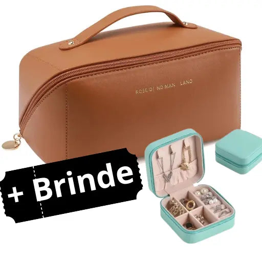 Porta Maquiagens e Cosméticos de Couro PU Feminino Portátil + Brinde