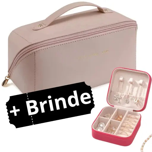 Porta Maquiagens e Cosméticos de Couro PU Feminino Portátil + Brinde