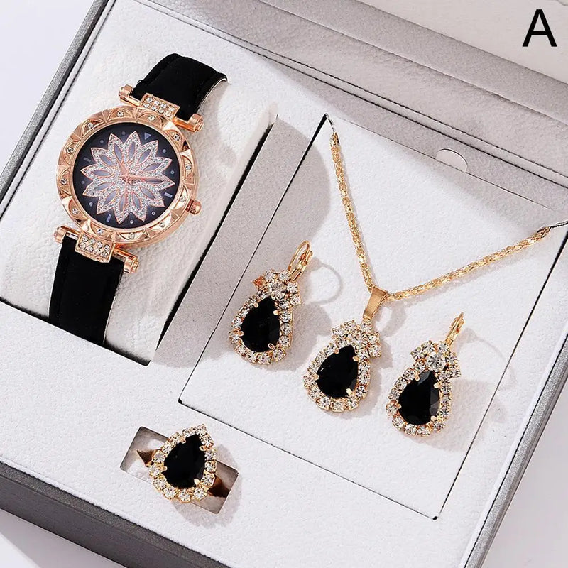 Conjunto de Relógio Feminino + Colar e Brincos com Desenho Floral
