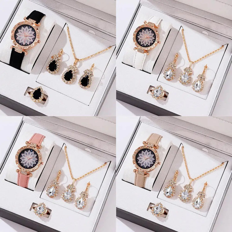 Conjunto de Relógio Feminino + Colar e Brincos com Desenho Floral