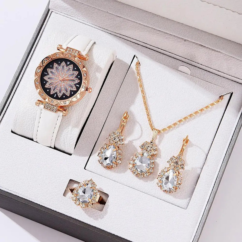 Conjunto de Relógio Feminino + Colar e Brincos com Desenho Floral