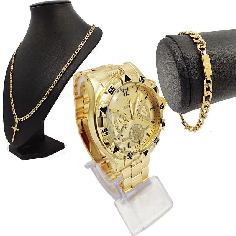 Conjunto de Relógio Masculino Banhado a Ouro 18k + Corrente de Aço e Pulseira