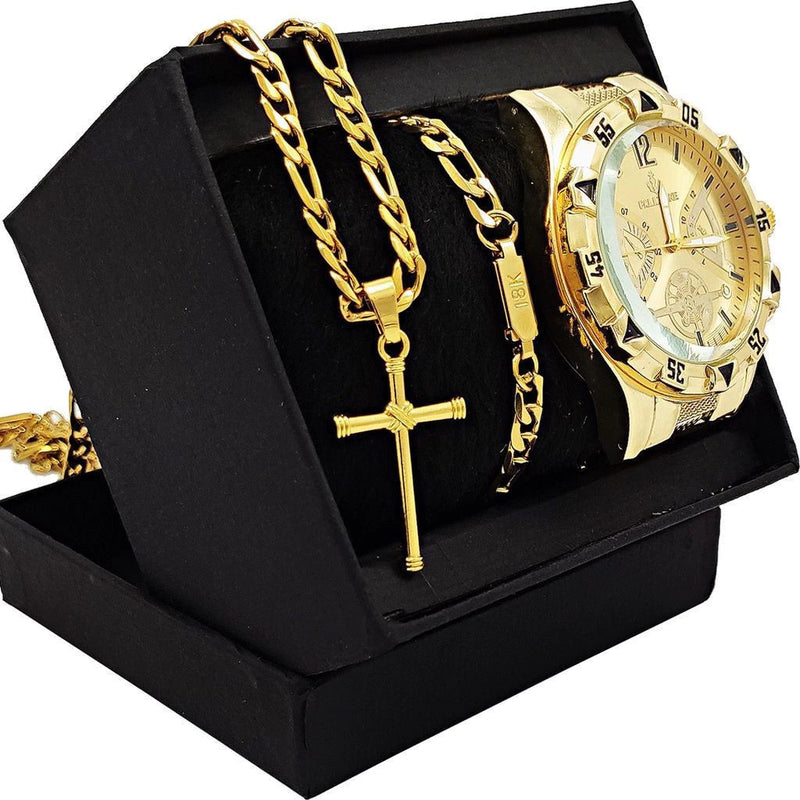 Conjunto de Relógio Masculino Banhado a Ouro 18k + Corrente de Aço e Pulseira
