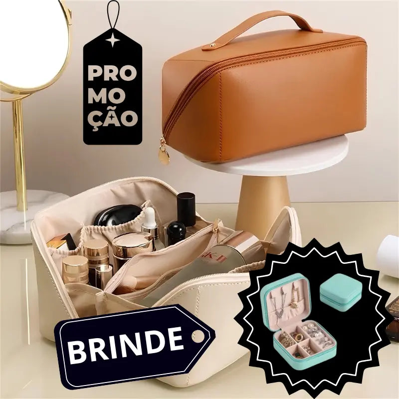 Porta Maquiagens e Cosméticos de Couro PU Feminino Portátil + Brinde